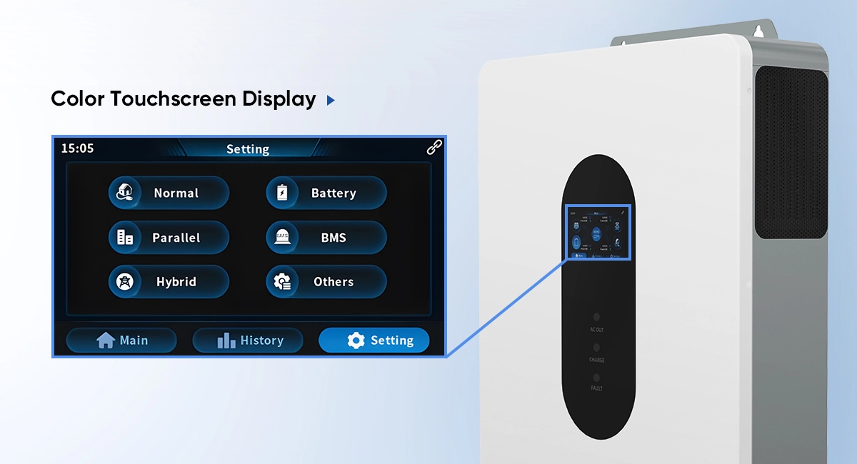 Solvic GES 12kW hybrid inverter color touchscreen display – OLED touch panel for real-time system monitoring, parameter settings, and battery management for split-phase solar storage